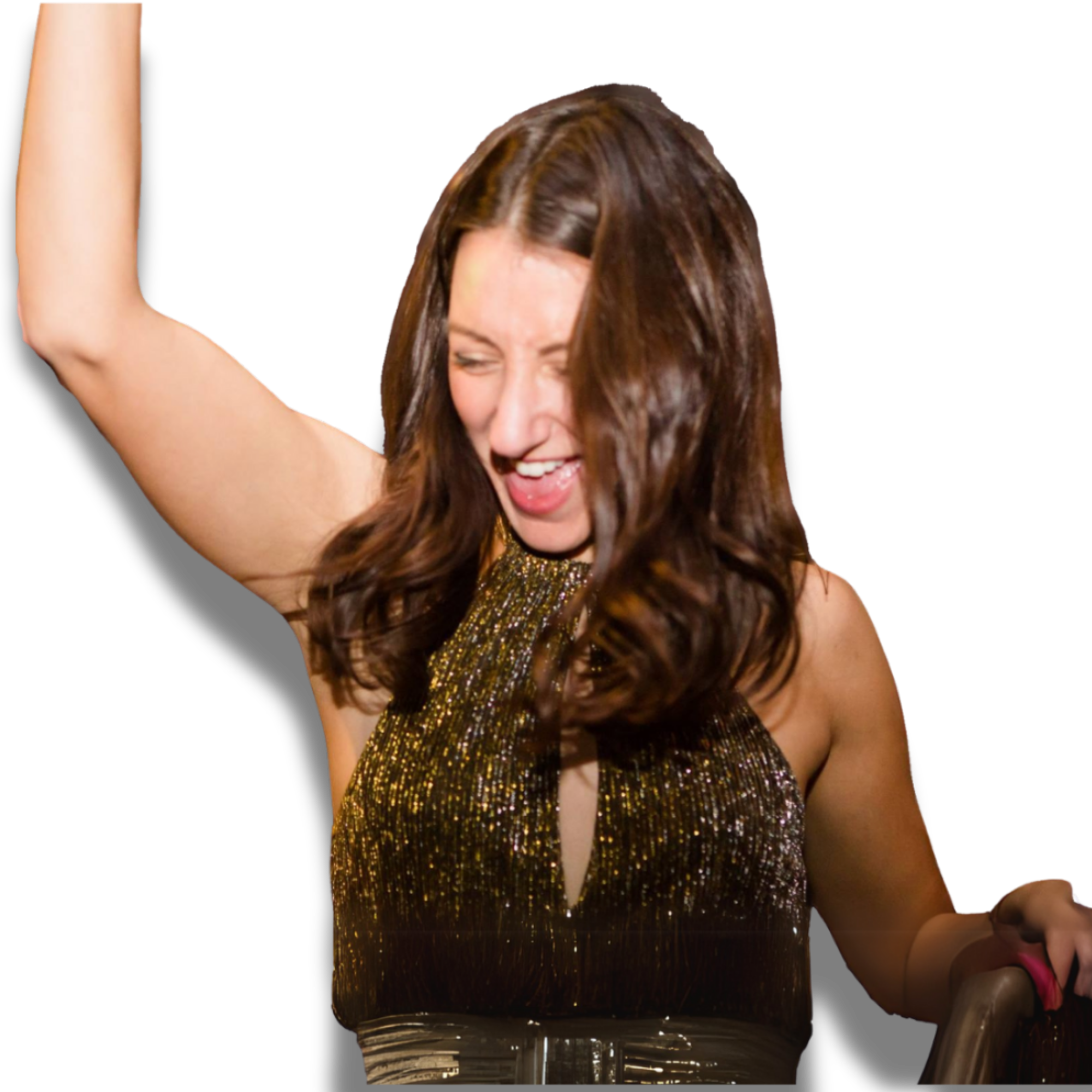Vanessa Childers, arm up, mid-celebration